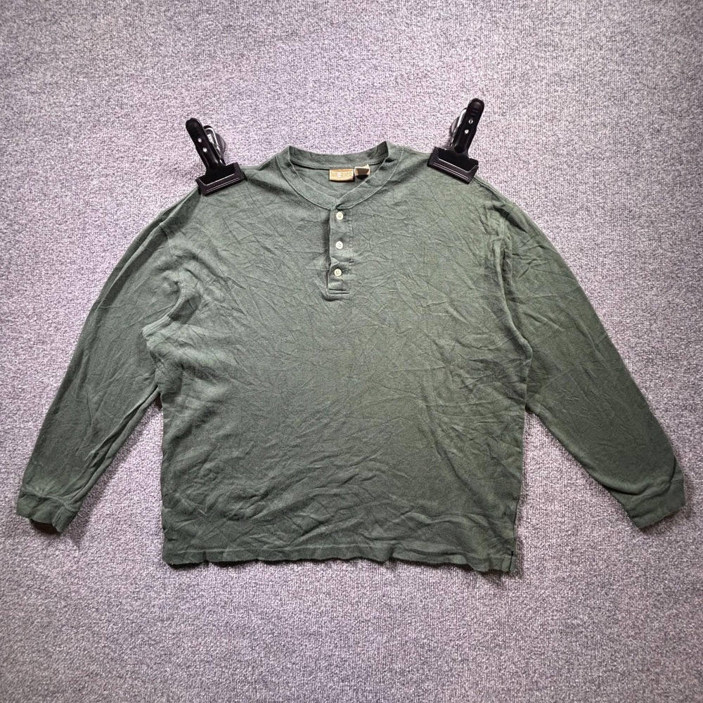 VTG Sun River Henley Shirt Mens Large Green 100% Cotton Oversized Earth Tone Tee